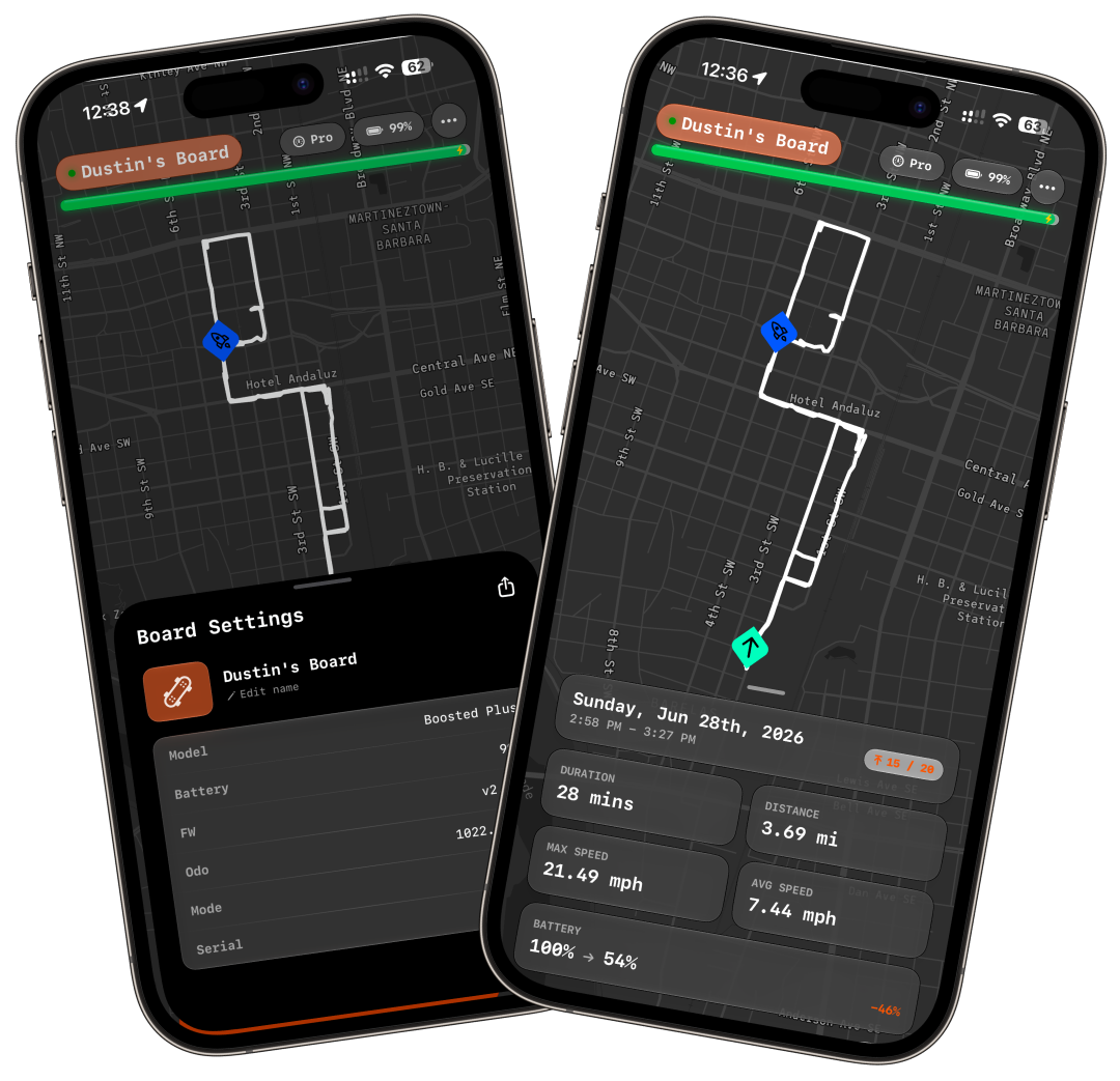 Riderr on iPhone showing a mapped ride, board details, and ride stats